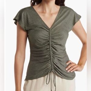 Max Studio Cap Sleeve Ruched Top Olive Green XL